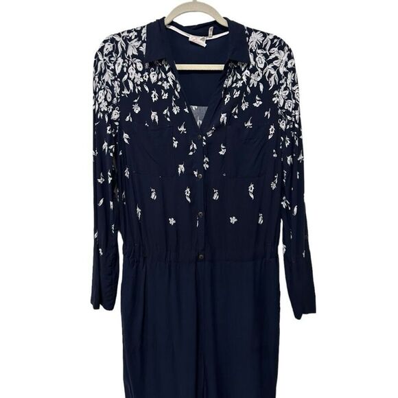 Anthropologie Lilka Floral V-Neck Lakeshore Jumpsuit Navy Blue White Size Medium - Picture 5 of 15